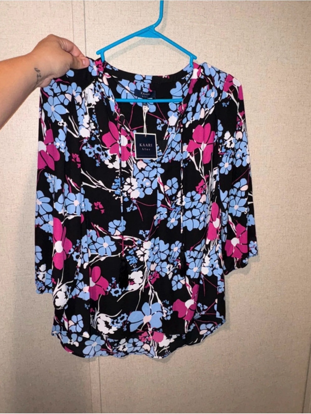 Kaari Blue Black Floral V-Neck Blouse with Pink & Light Blue Blooms
